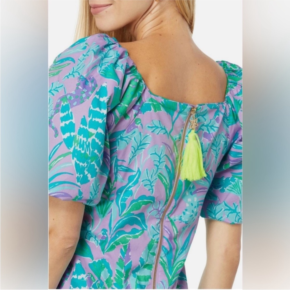 Lilly Pulitzer Purple Turquoise Floral Puff-Sleeve Dress - Picture 3 of 7